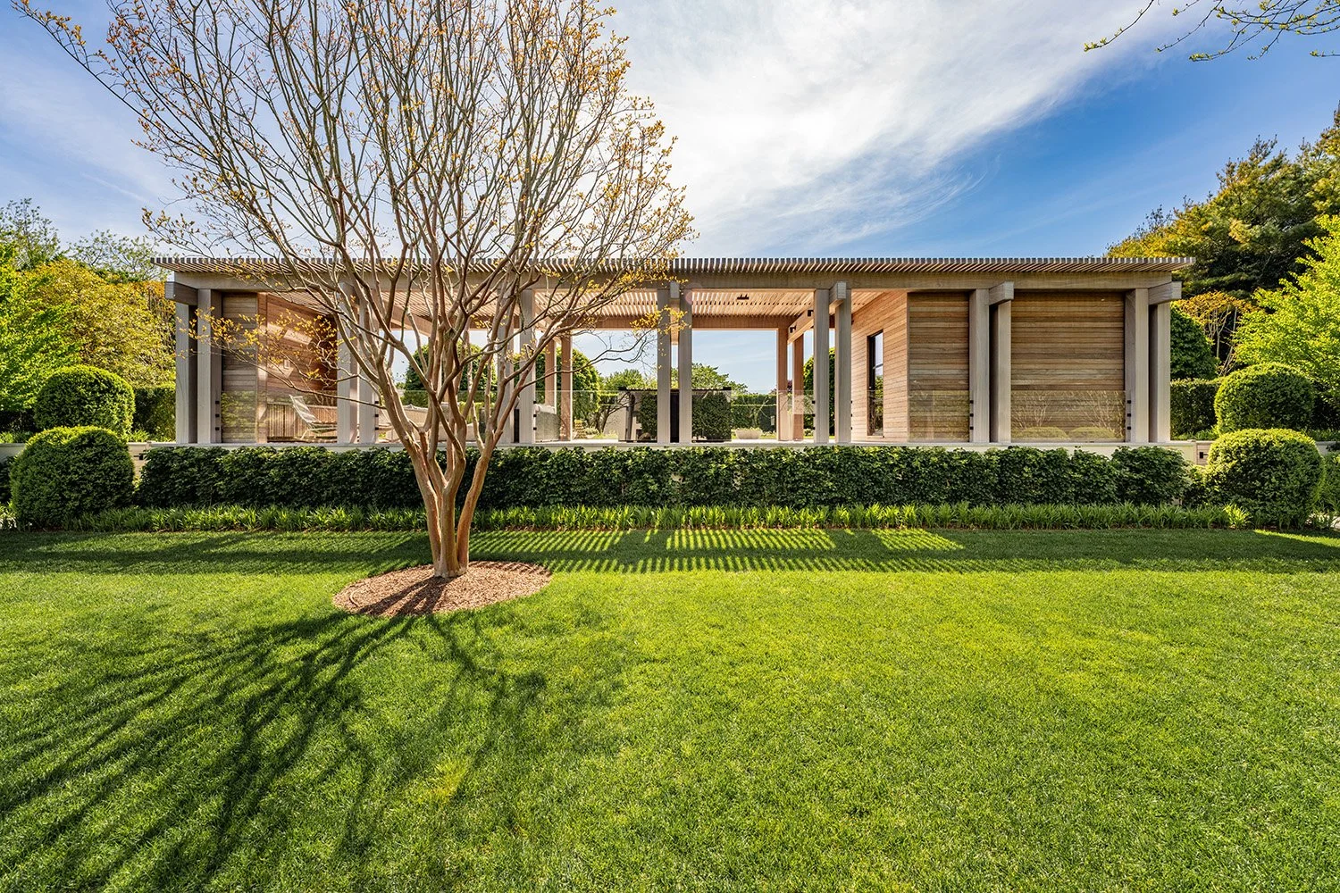 Modern wooden building on a grassy lawn with a leafless tree in the foreground and shrubbery, under a partly cloudy sky.