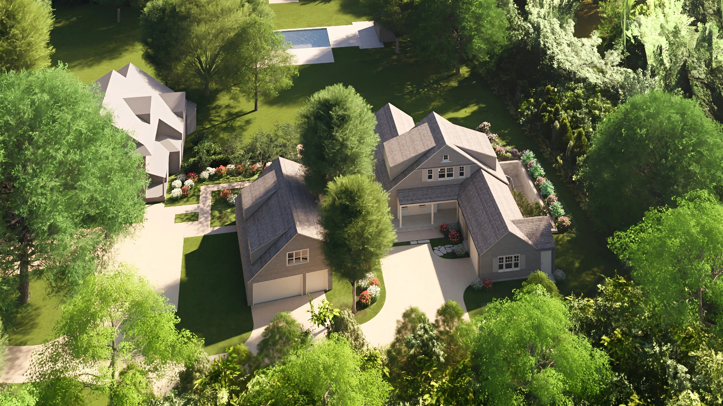 Aerial view of a large house with a driveway, surrounded by green trees and landscaped garden. Work in progress in the Hamptons. 