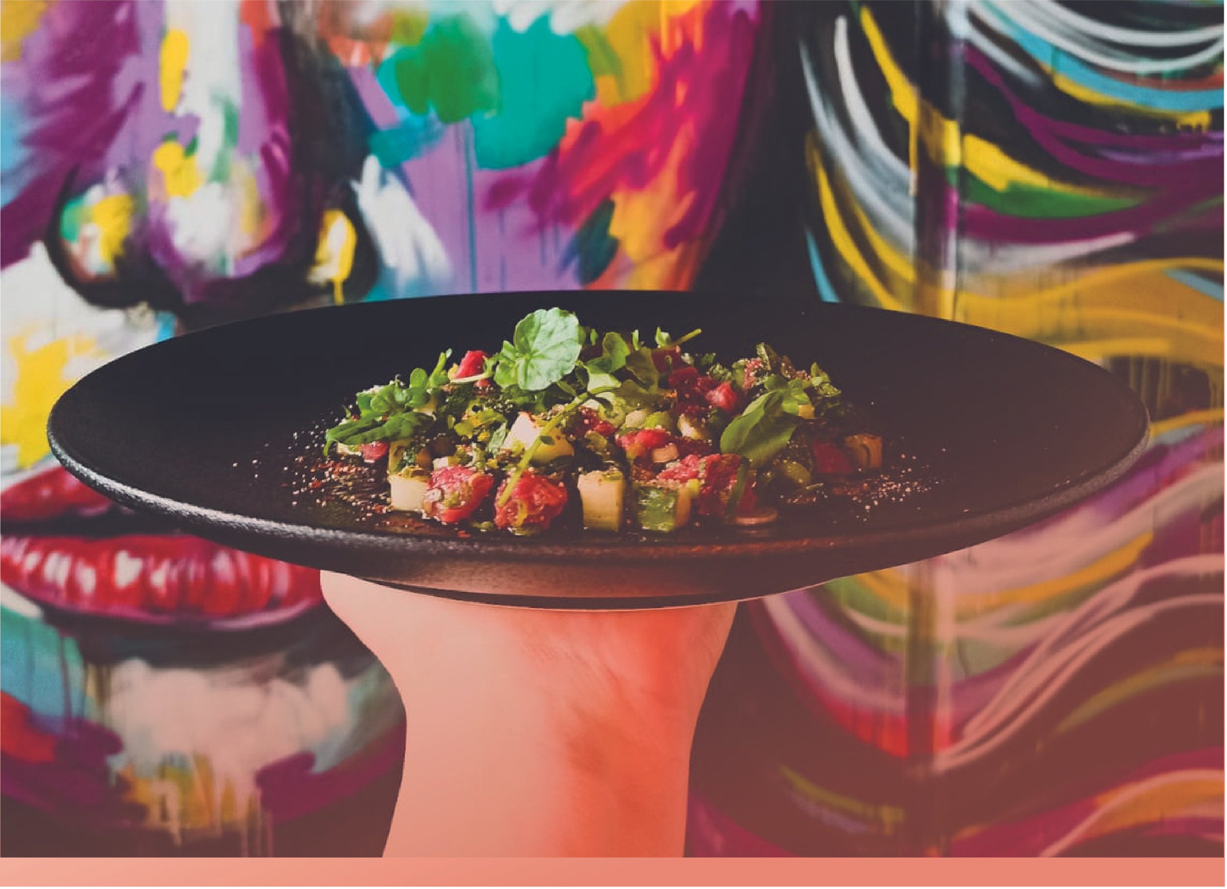 A black plate of chopped vegetables, garnished with fresh greens, held in front of a colorful abstract painted background.