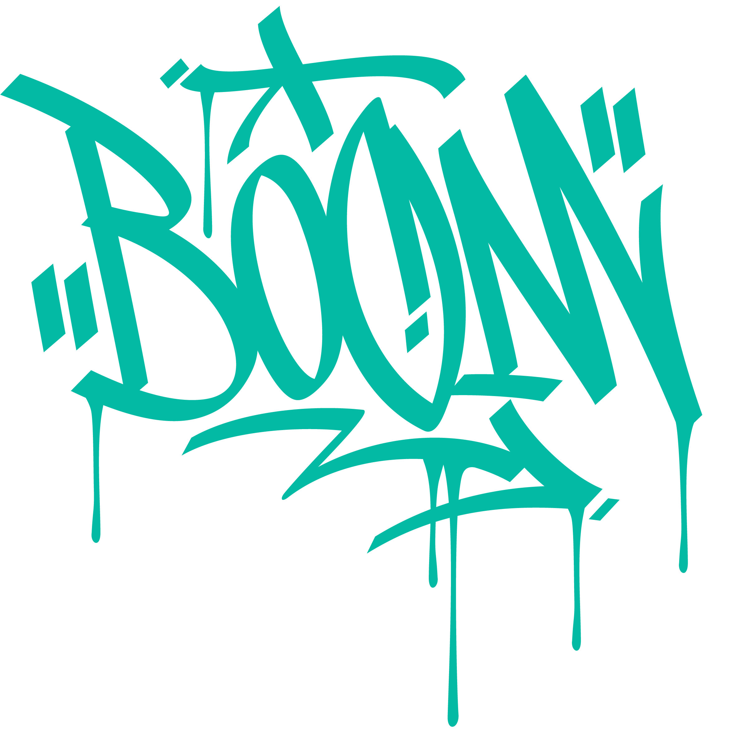 Artistic design with teal graffiti-style text.