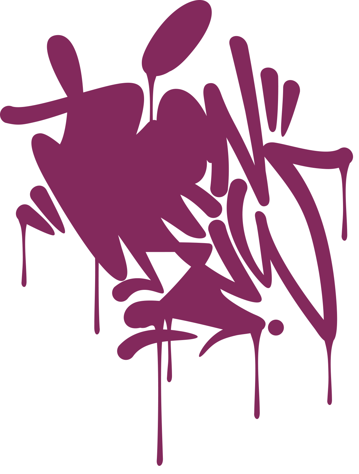 Purple spray paint silhouette with drips, abstract urban art style.