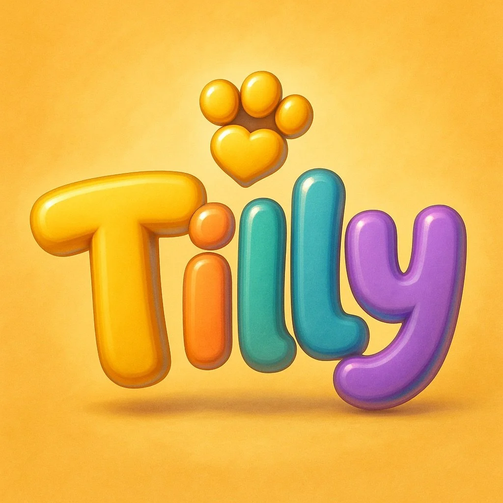 Colorful balloon letters spelling 'Tilly' with a yellow heart-shaped balloon and paw print on a yellow background.
