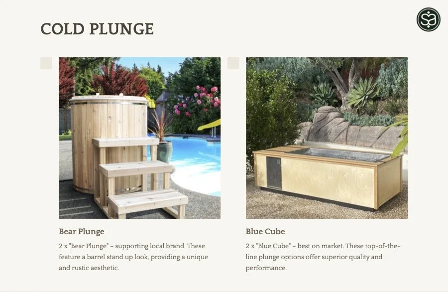 Advertisement for cold plunge options showing Bear Plunge and Blue Cube. Bear Plunge is a wooden barrel with steps leading to a hot tub, and Blue Cube is a rectangular hot tub with a beige exterior, set outdoors amidst rocks and plants.