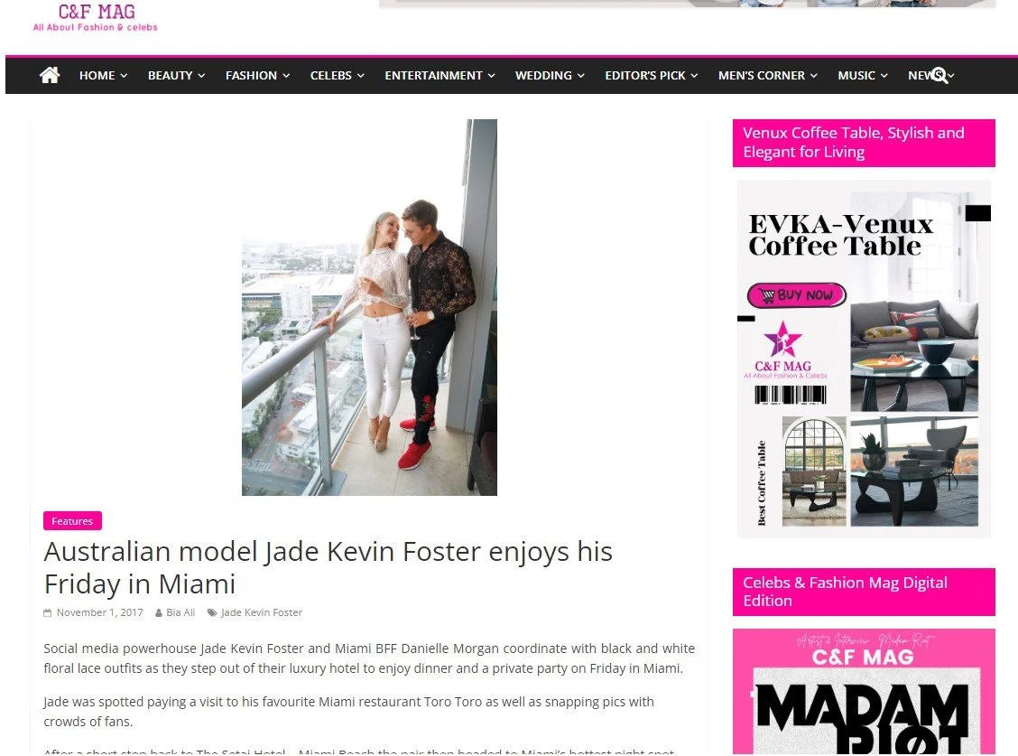 Australian model Jade Kevin Foster on a balcony in Miami, wearing white lace outfit, black and white floral lace outfit, and red shoes, with a cityscape behind him.