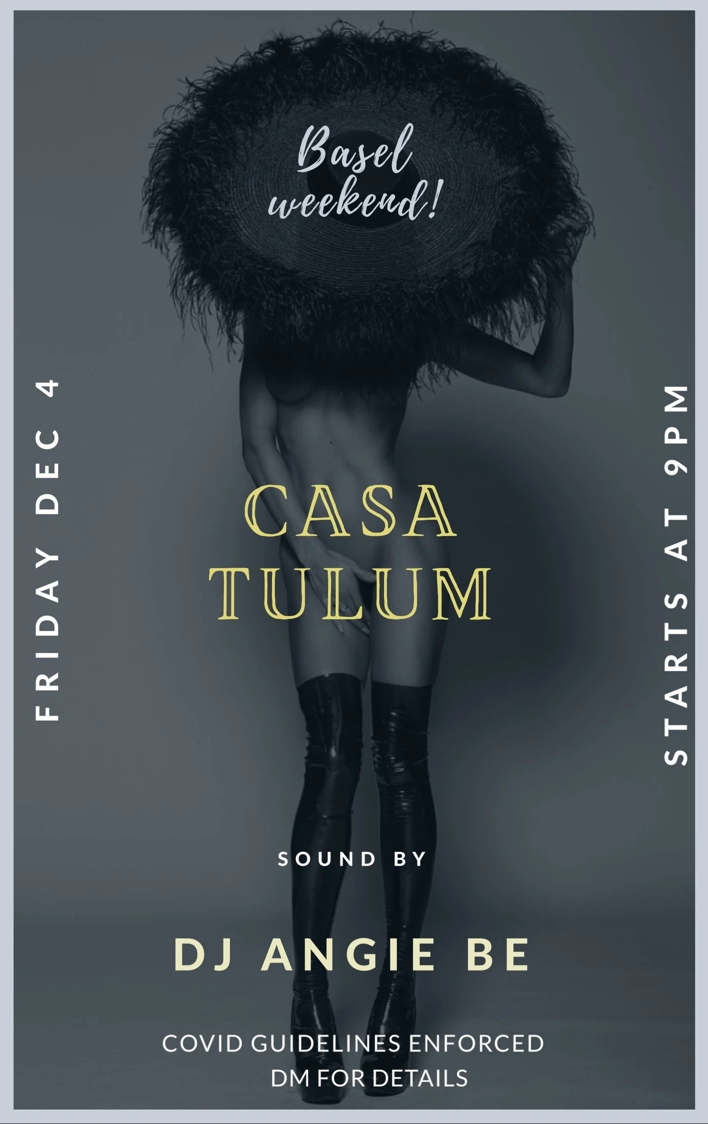 Event poster featuring a nude woman wearing thigh-high boots, holding a large black feathered umbrella, with text announcing a weekend event at Casa Tulum in Basel on December 4th at 9 PM, with sound by DJ Angie B, noting COVID guidelines.