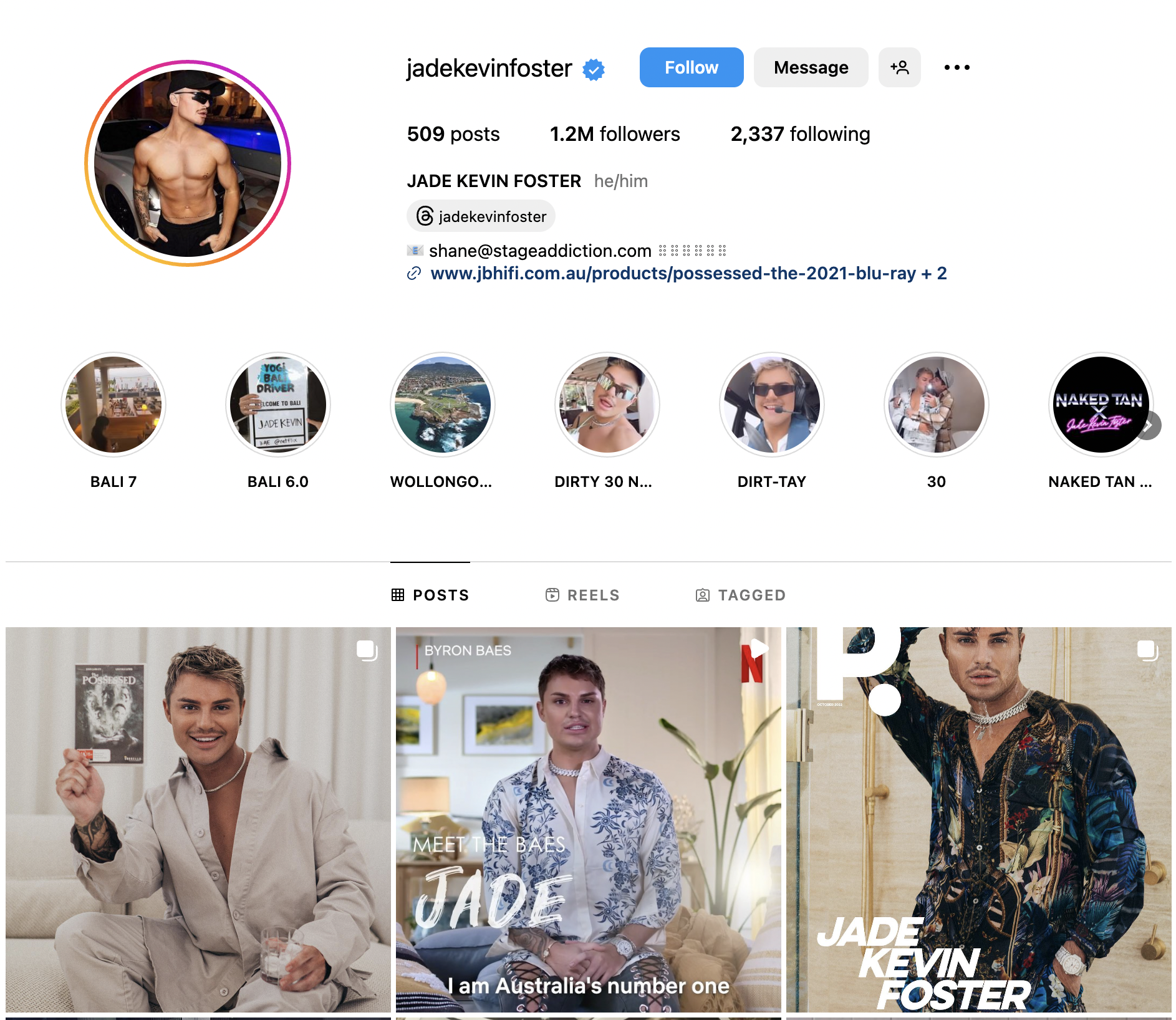 Instagram profile of Jade Kevin Foster, showing a shirtless man with tattoos and sunglasses in the profile picture, and a grid of photos featuring men in stylish outfits, including one holding a concert ticket, another sitting indoors, and one in col
