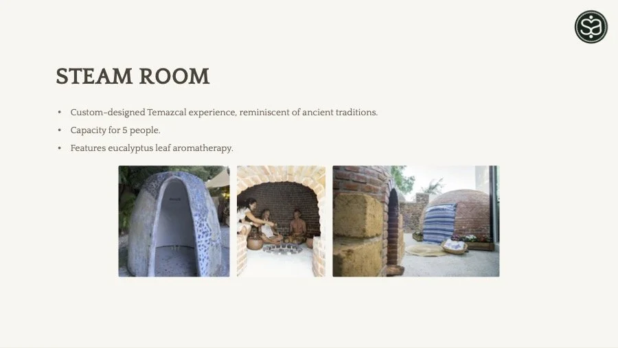 Slide presentation about a steam room with three images showing a unique igloo-style sauna, a person receiving an aromatherapy massage in a brick arched room, and a cozy seating area with pillows and a view of an outdoor space.