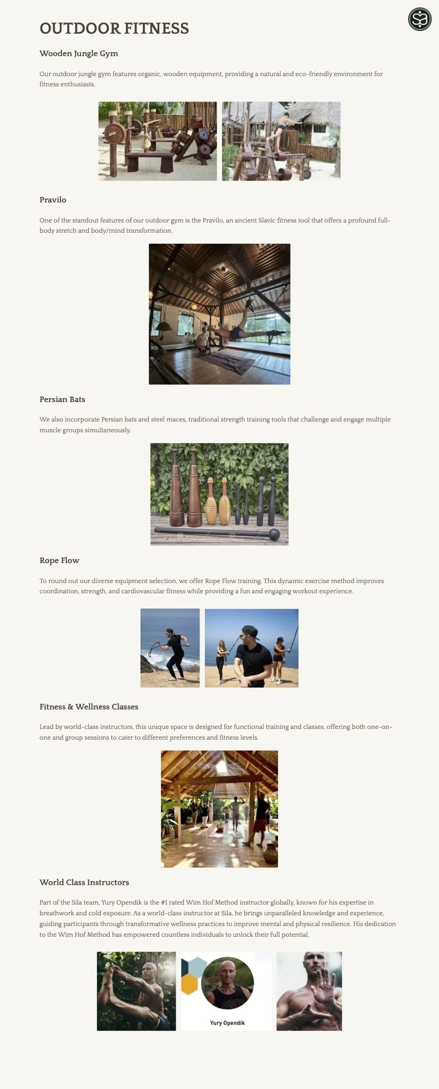 A flyer for outdoor fitness activities including images of wooden jungle gym, yoga studio, Persian bats for strength training, rope flow exercises on the beach, fitness classes indoors, and instructors posing.