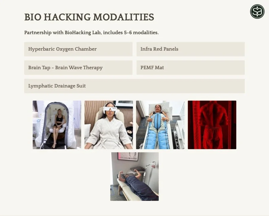 Images of people undergoing various biohacking treatments in a clinical setting, including hyperbaric oxygen therapy, infrared light therapy, brain wave therapy, PEMF therapy, and lymphatic drainage.