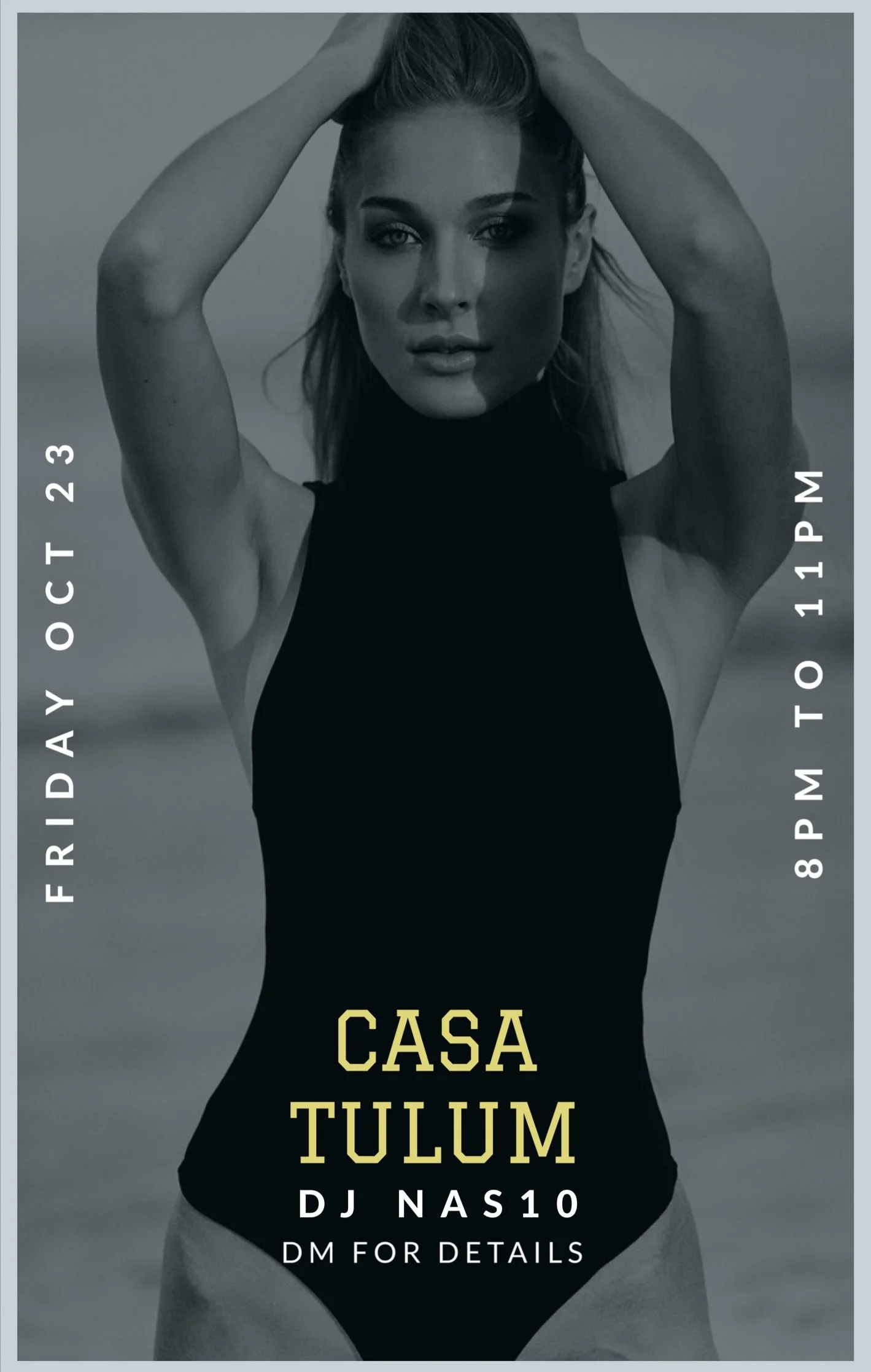 A woman with styled hair and makeup posing with her hands on her head, wearing a sleeveless black dress, in a monochrome beach setting with overlaid event details.