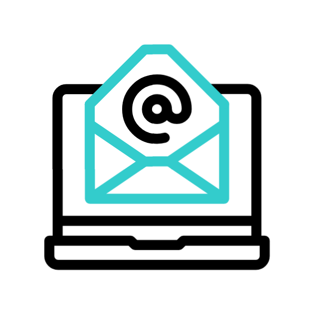 En dator med ett e-postmeddelande och ett at-symbol (