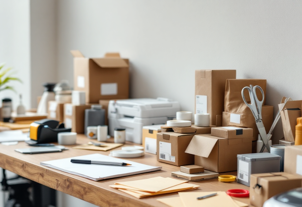 Workspace with cardboard boxes, stationery, scissors, and office supplies on a wooden desk.
FBA
Prep Services
3rd party prep
Preparation
Amazon prep center