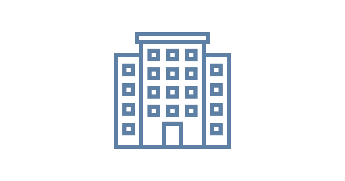 Outline icon of a multi-story office building with a central entrance, set against a black background.