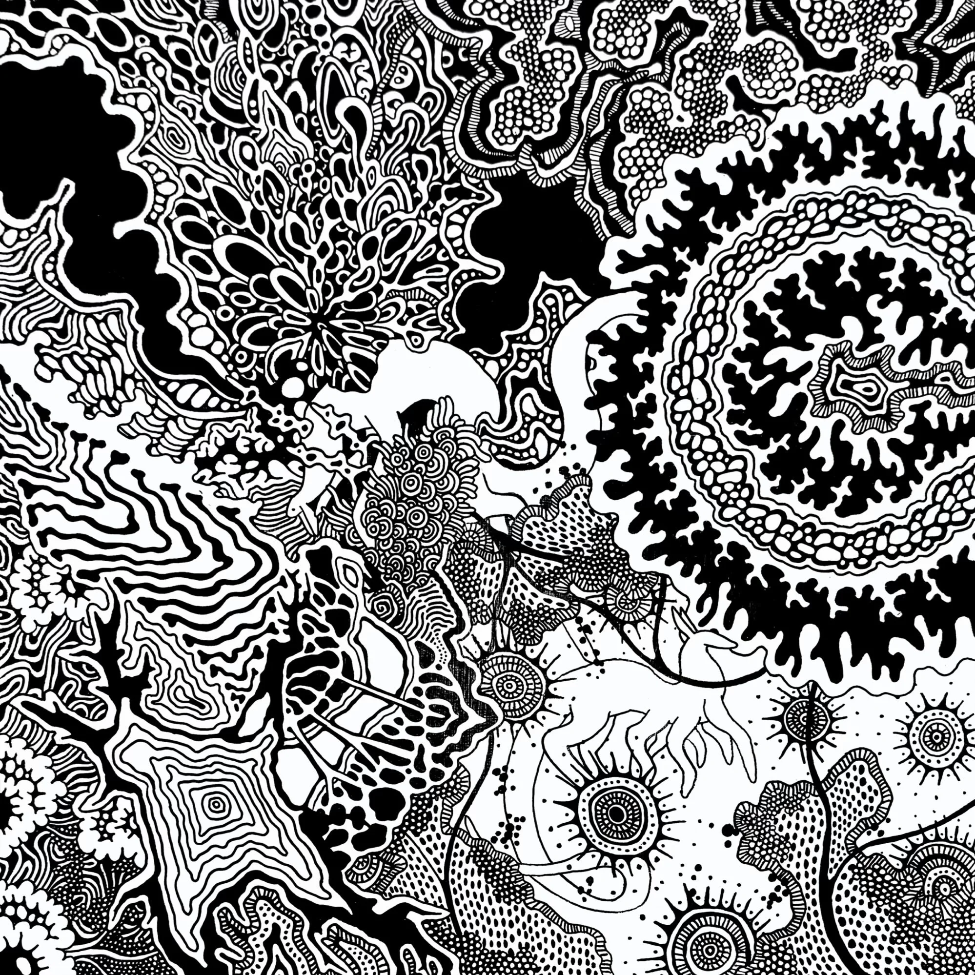 Black and white abstract doodle art with intricate patterns, swirling shapes, floral elements, and a creature.