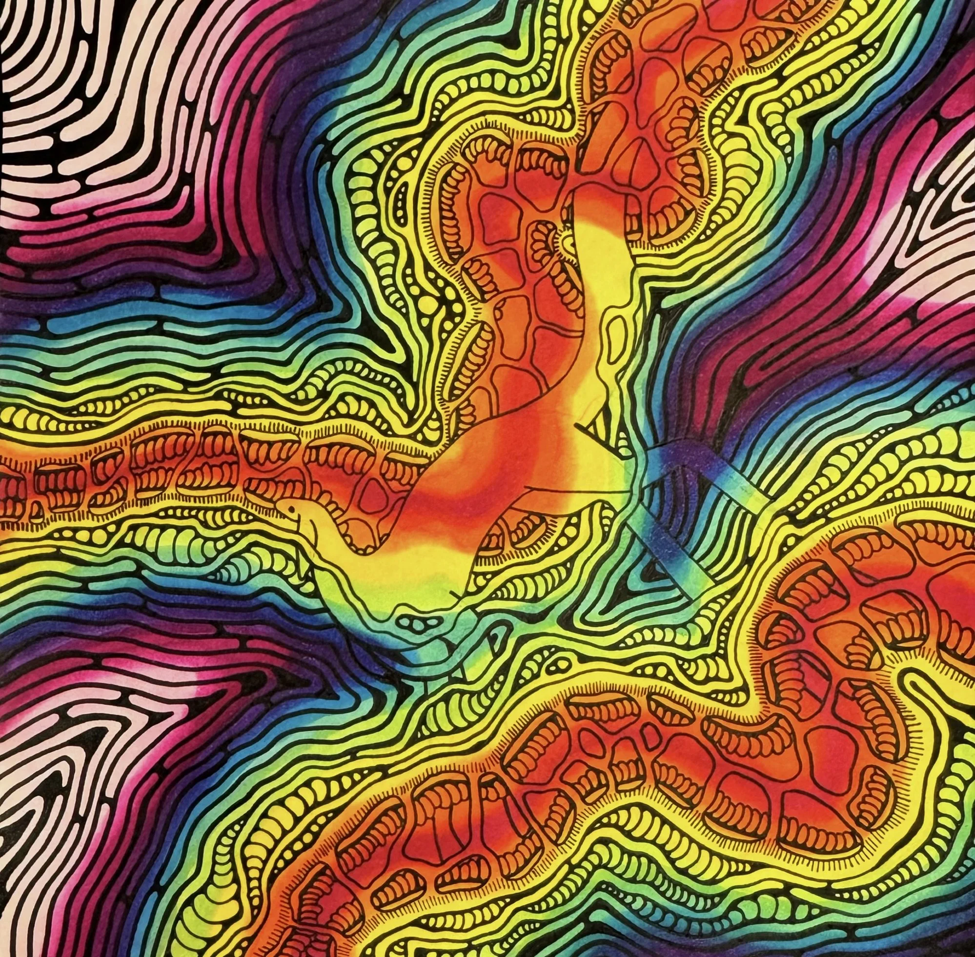 A stylized, colorful abstract illustration creature, surrounded by swirling, vibrant lines and patterns in rainbow colors.