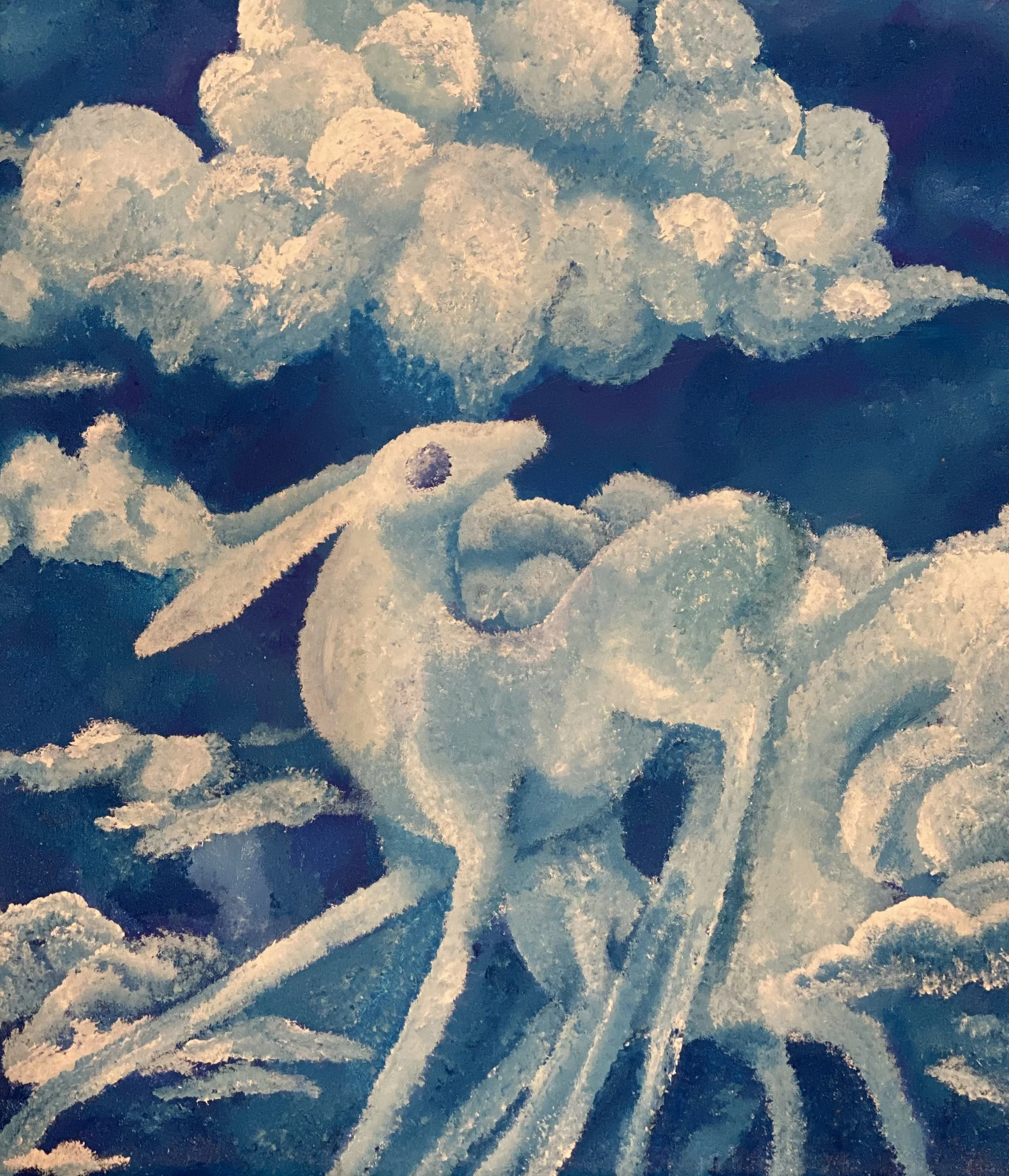 A painting of a white creature, standing among clouds against a blue sky.