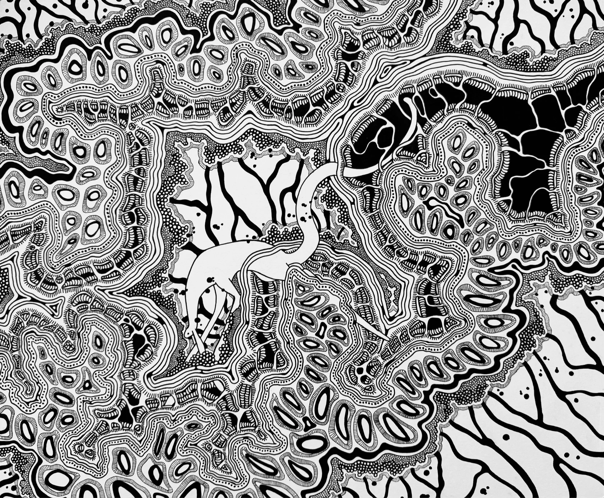 A black and white abstract drawing featuring a central creature  surrounded by intricate, wavy patterns and shapes.