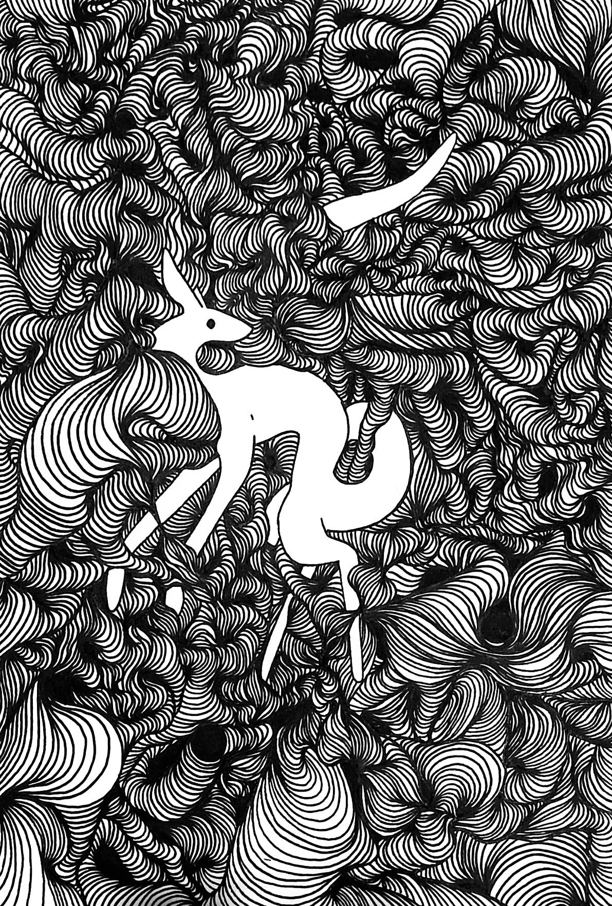 A black-and-white line drawing of a  abstract patterns.