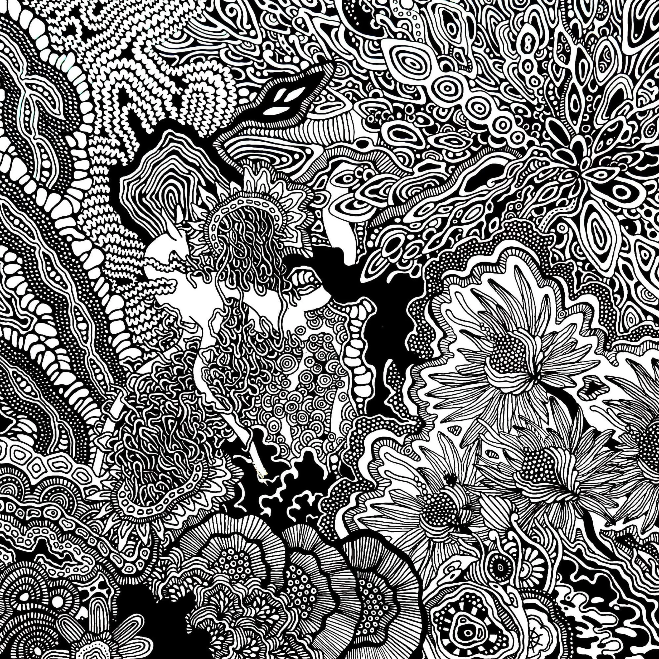 Black and white abstract line art with intricate floral and organic patterns, some resembling flowers, leaves, and swirling shapes.