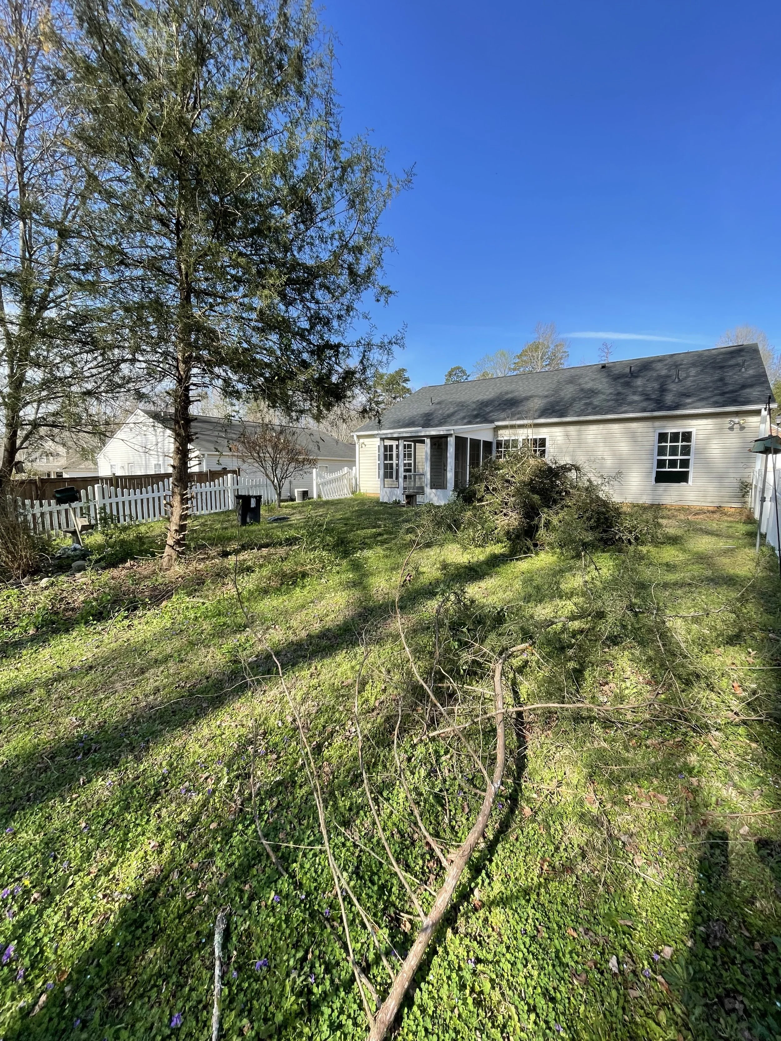 A backyard with a grassy area, a white house with a small porch, a white fence, and a large tree, under a clear blue sky.