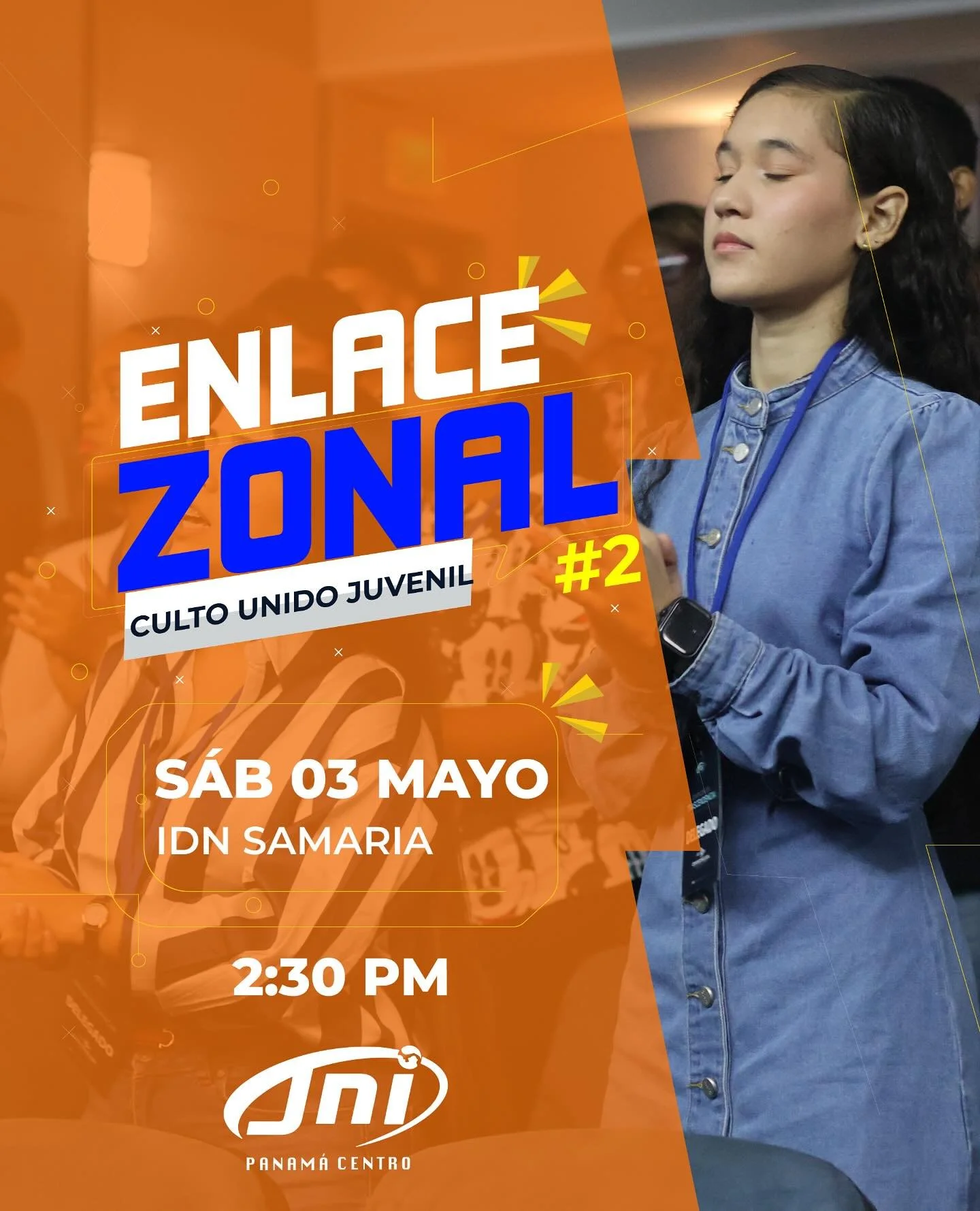 Seguimos con los Cultos Unidos esta vez para la Zona #2
&iexcl;Ven y acomp&aacute;&ntilde;anos este s&aacute;bado 3 de mayo a nuestro Culto Unido! Ser&aacute; un tiempo especial para compartir junto a todas las JNI de la Zona 2.
Lugar: IDN Samaria
Ho