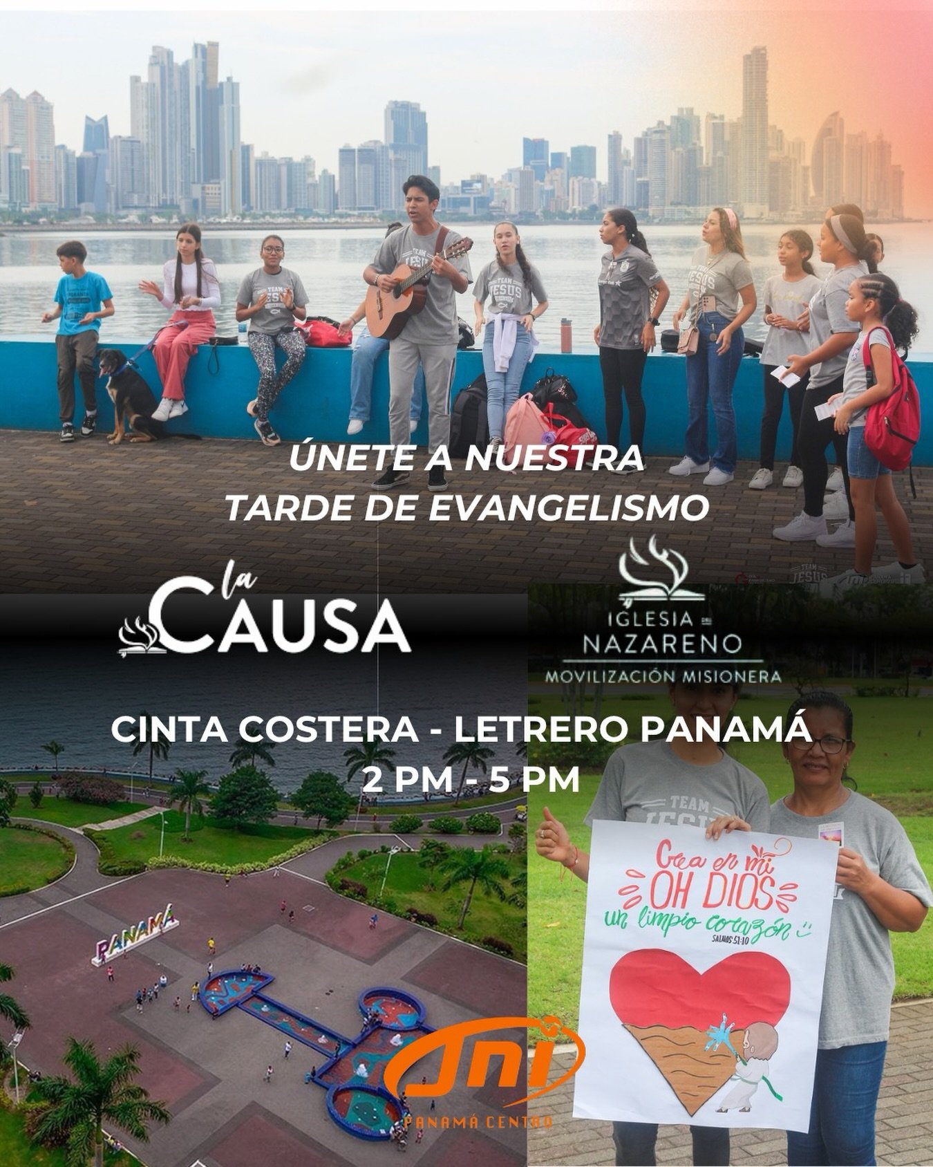 Bendiciones JNI, 
Les invitamos a que nos acompa&ntilde;en ma&ntilde;ana a una tarde de evangelismo en la cinta costera junto a los j&oacute;venes de la M&aacute;xima Misi&oacute;n La Causa en la Ciudad, Panam&aacute; 2026
De 2 a 5 PM ser&aacute; un 