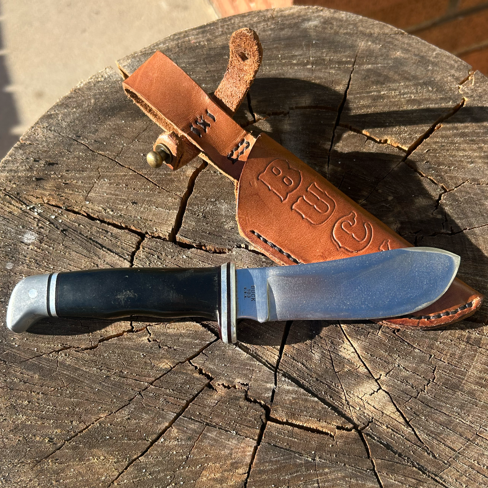 A fixed-blade hunting knife with a black handle and stainless steel blade resting on a weathered wooden log, accompanied by a brown leather sheath embossed with the letters "CC".