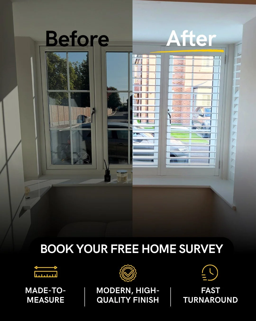 A simple window can completely transform with the right finish. Shutters create a cleaner look, improve privacy and give the space a more considered feel.⭐

Made to measure and professionally installed, they sit neatly within the frame and enhance bo
