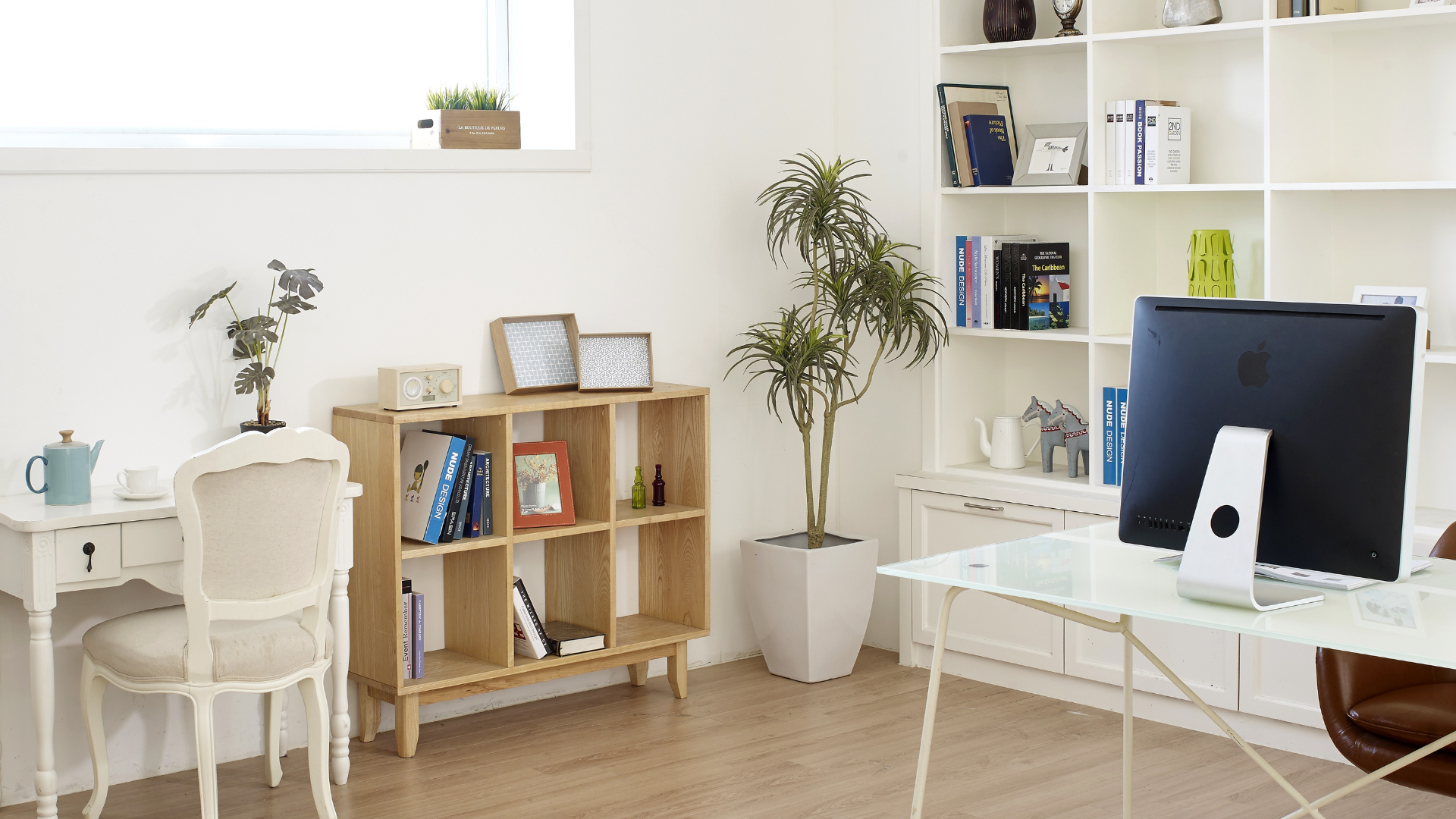 Home office with a white desk, a computer monitor, a chair, a wooden bookshelf, a potted plant, and decorative items on shelves and table.