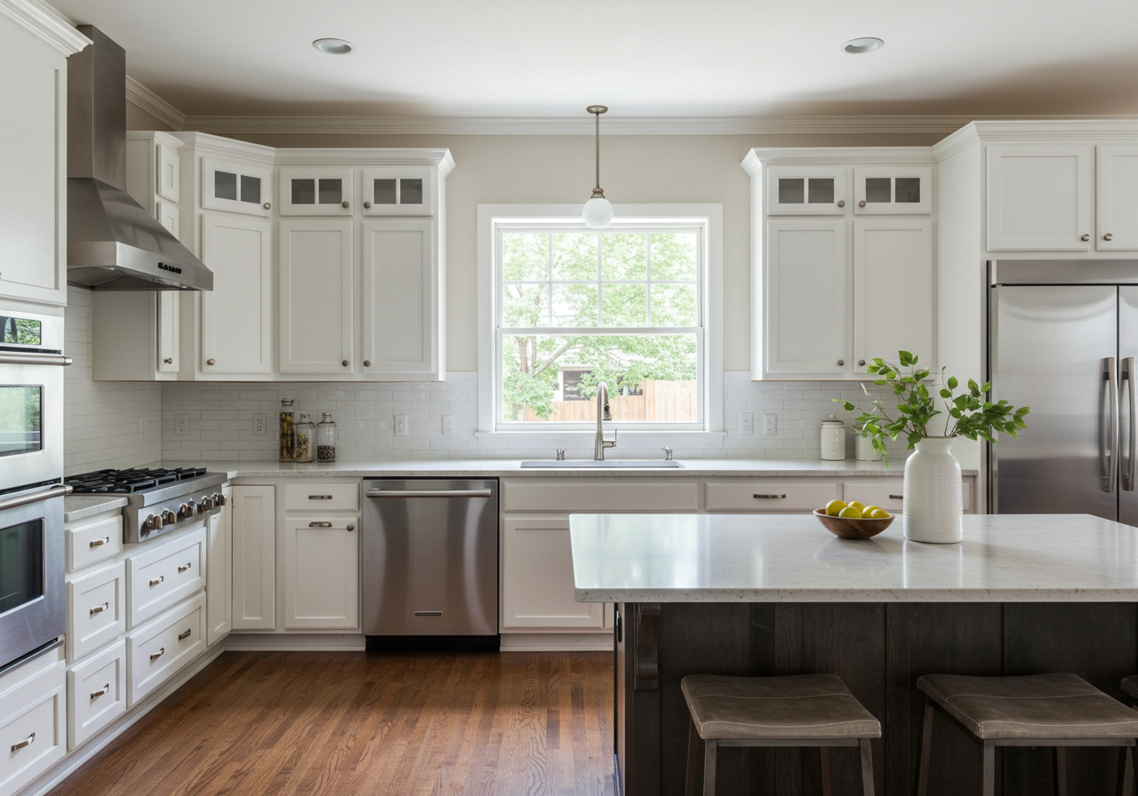 Modern kitchen with white cabinets, stainless steel appliances, and a kitchen island with a white vase, a bowl of lemons, and bar stools, lit by natural light from a window.