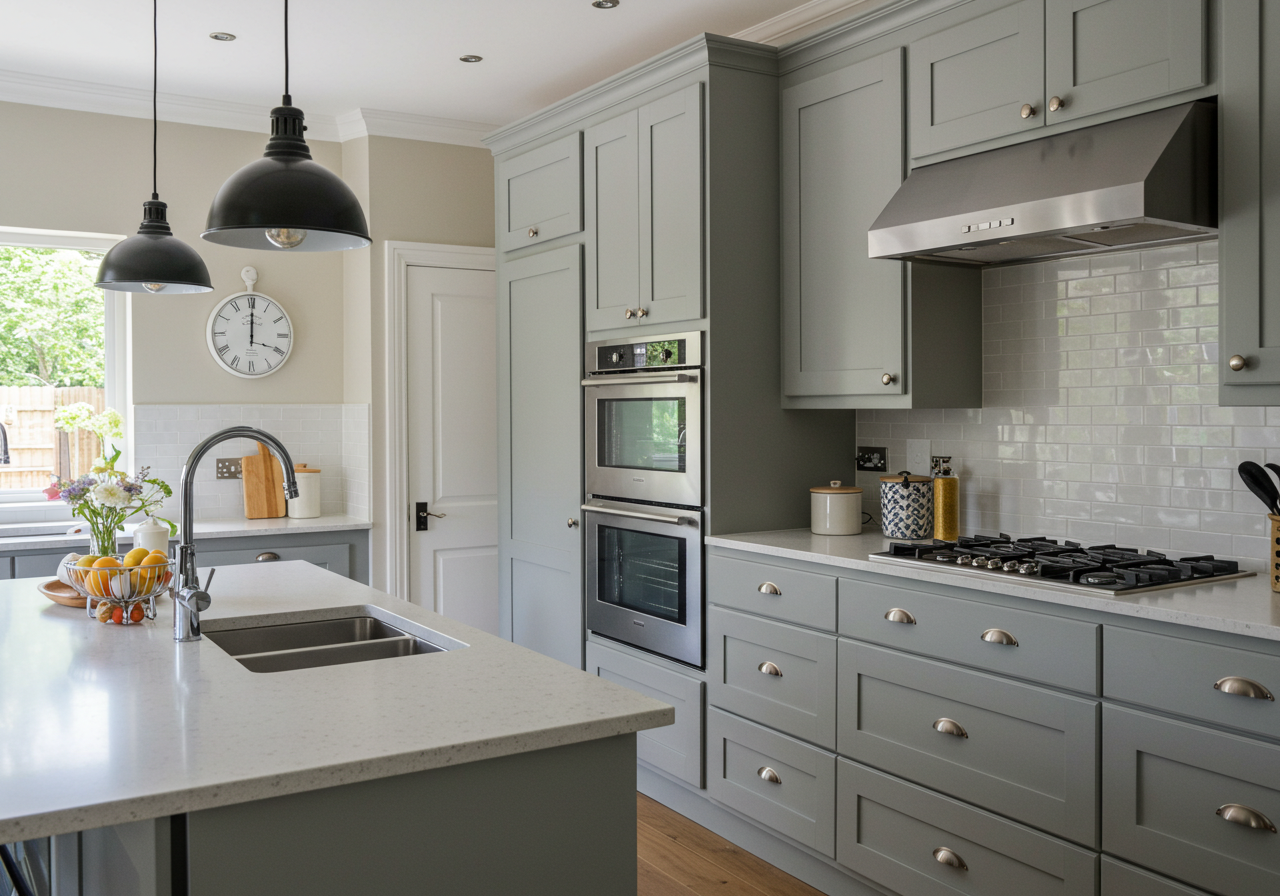 Modern kitchen with light gray cabinets, white countertop, stainless steel oven and stove, black pendant lights, and a window showing greenery outside.