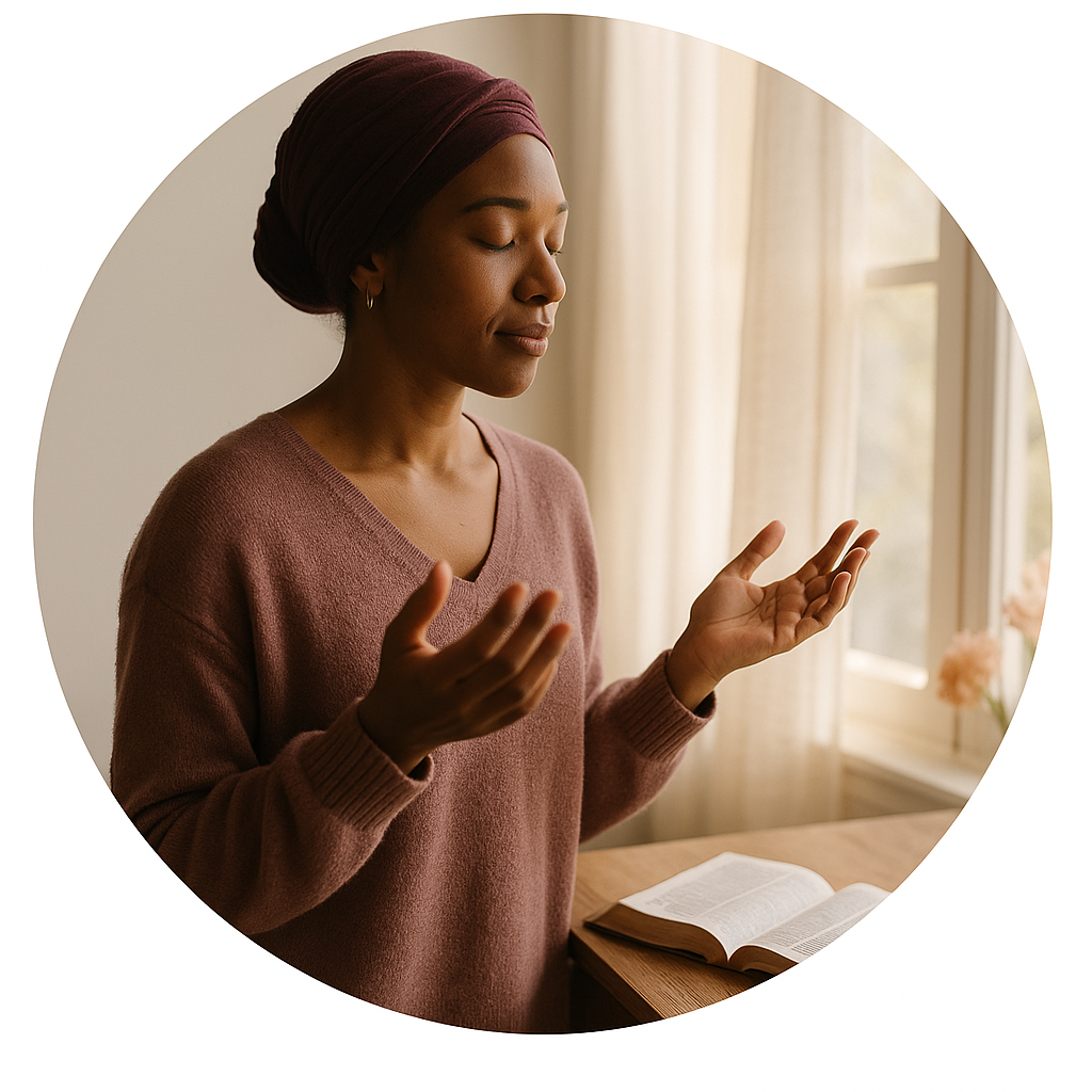 A woman with curly black hair, wearing a beige sweater, looks down with her eyes closed and a serious expression, while holding her hands up in a prayer-like gesture in front of an open book, possibly a Bible, on a wooden table.