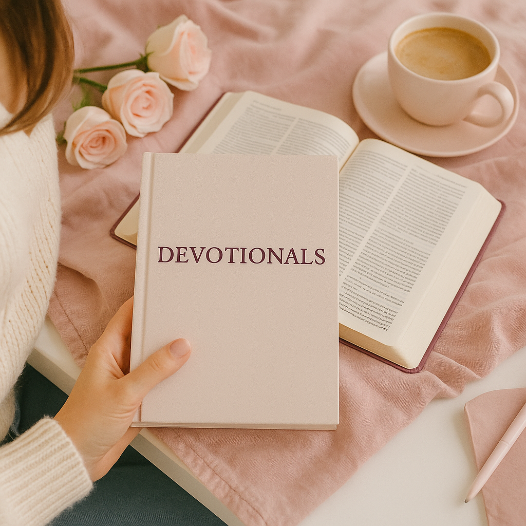 A person holding a white book titled 'Devotionals' with an open Bible, a cup of coffee, pink roses, and a pink cloth on the table.