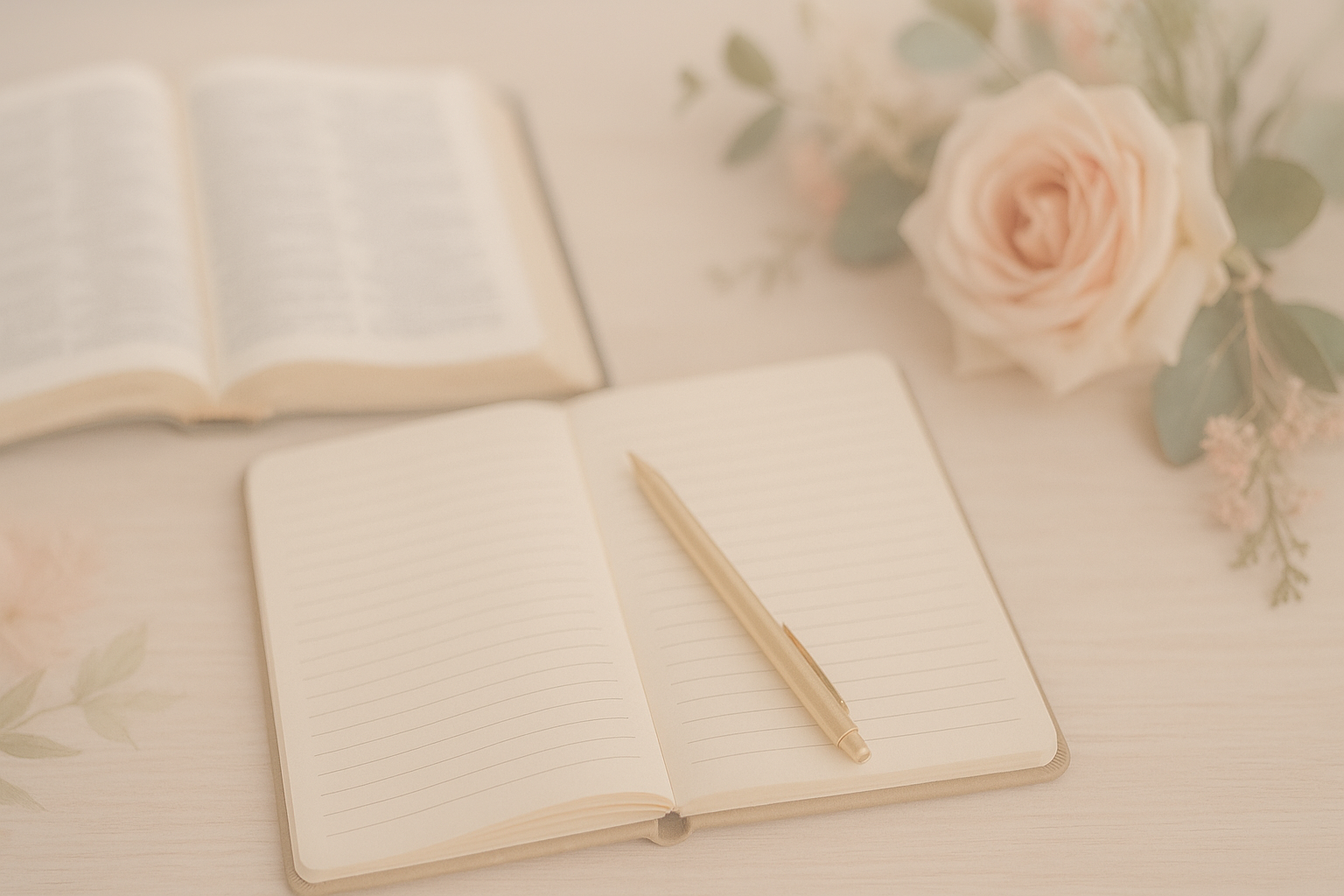 Open lined notebook with a gold pen, an open Bible, and pink roses with greenery on a light-colored surface.