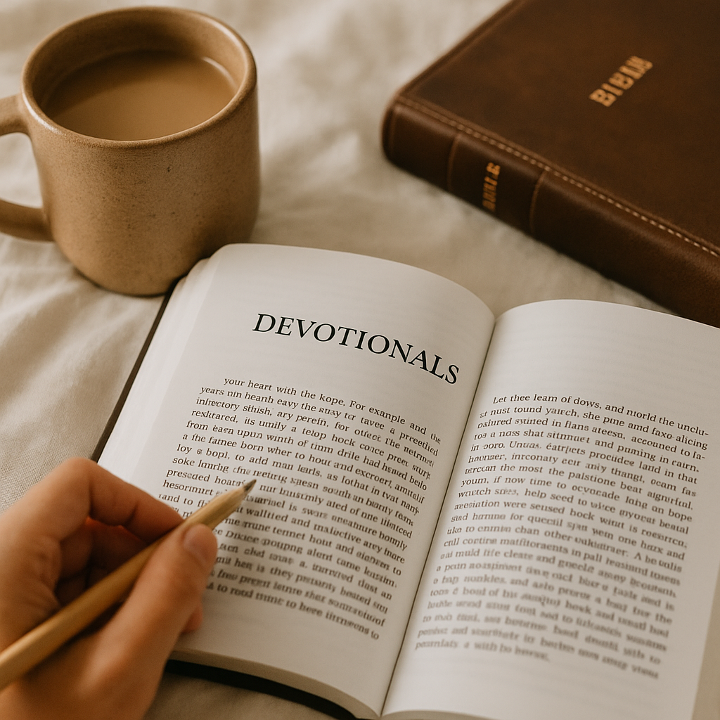 Open book titled 'Devotionals' on a table, with a hand holding a pen, a cup of coffee, and a closed brown Bible nearby.