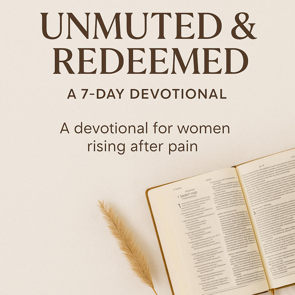 Cover of a devotional book titled 'Unmuted & Redeemed: A 7-day devotional for women rising after pain'. The book is open to a page, with a feather beside it.