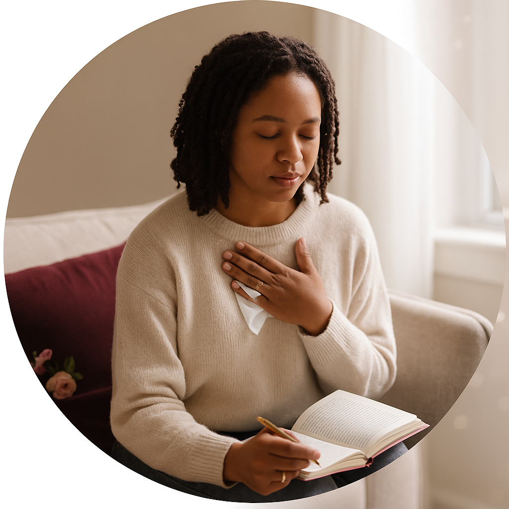 A young woman with closed eyes and folded hands in a prayer gesture