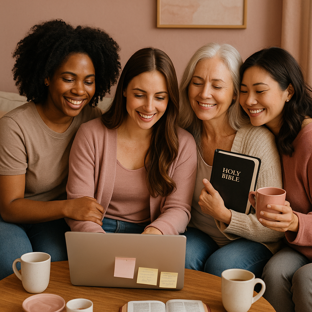 Four women of different ages and ethnicities smiling and looking at a laptop, with cups and a Bible on the table.