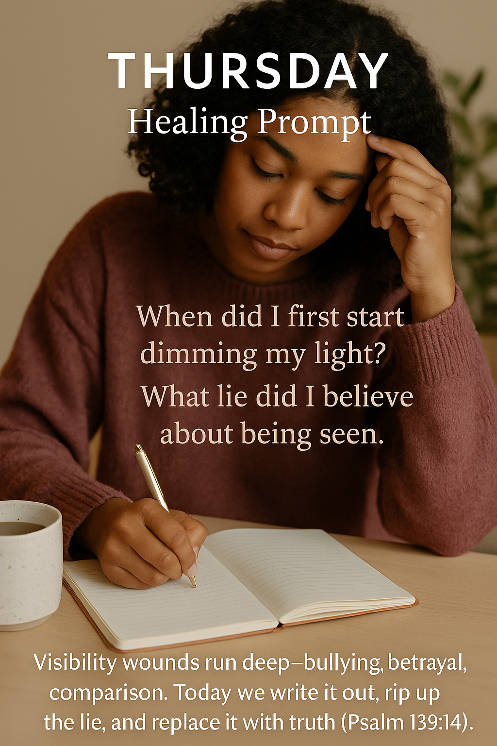 An introspective journal question is posted (e.g., “When did I first start dimming my light? What lie did I believe about being seen?”). We spend quiet time writing, then share one breakthrough or truth replacement in the thread.