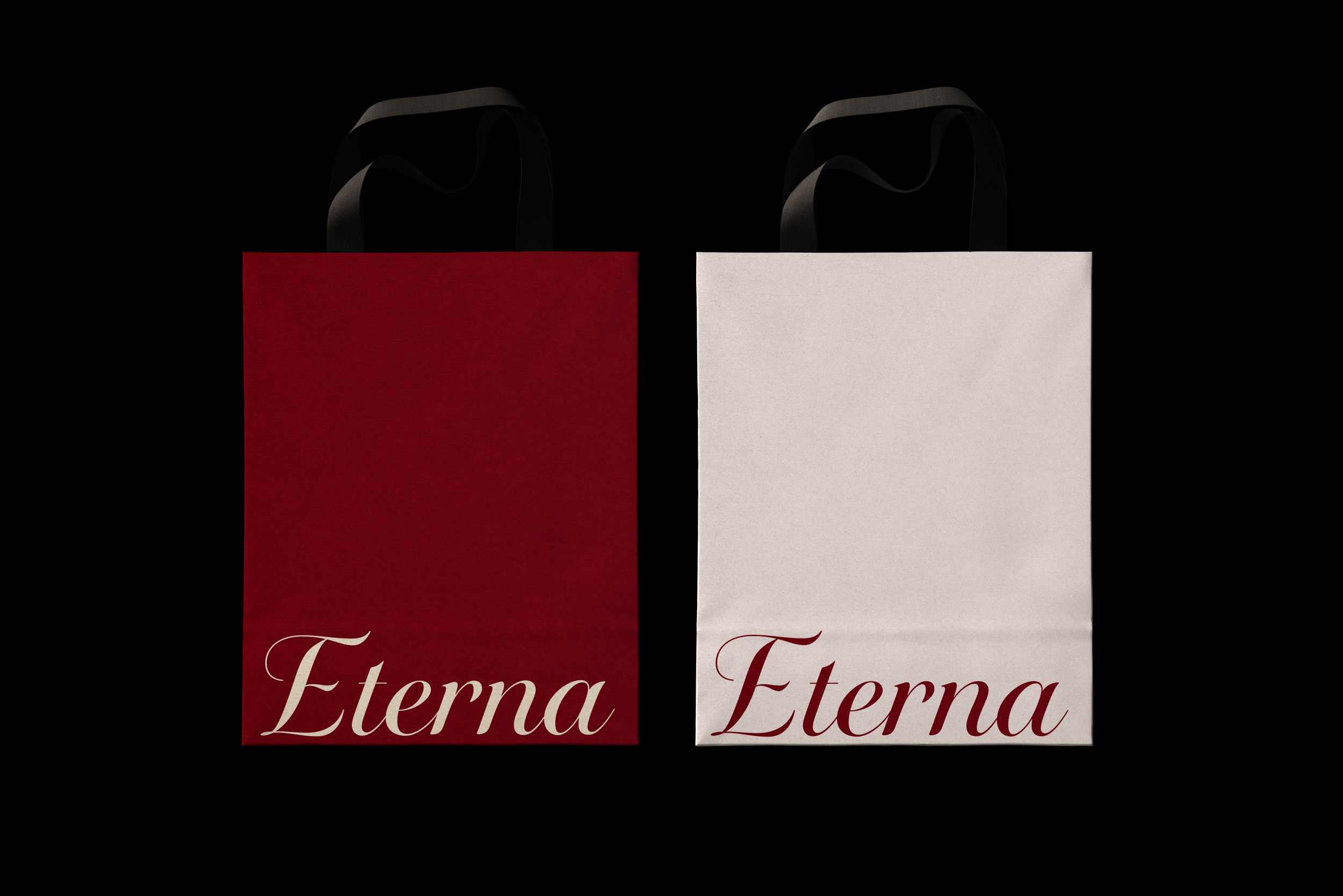 Two shopping bags, one red and one white, with black handles, each with the word 'Eterna' written in cursive at the bottom.