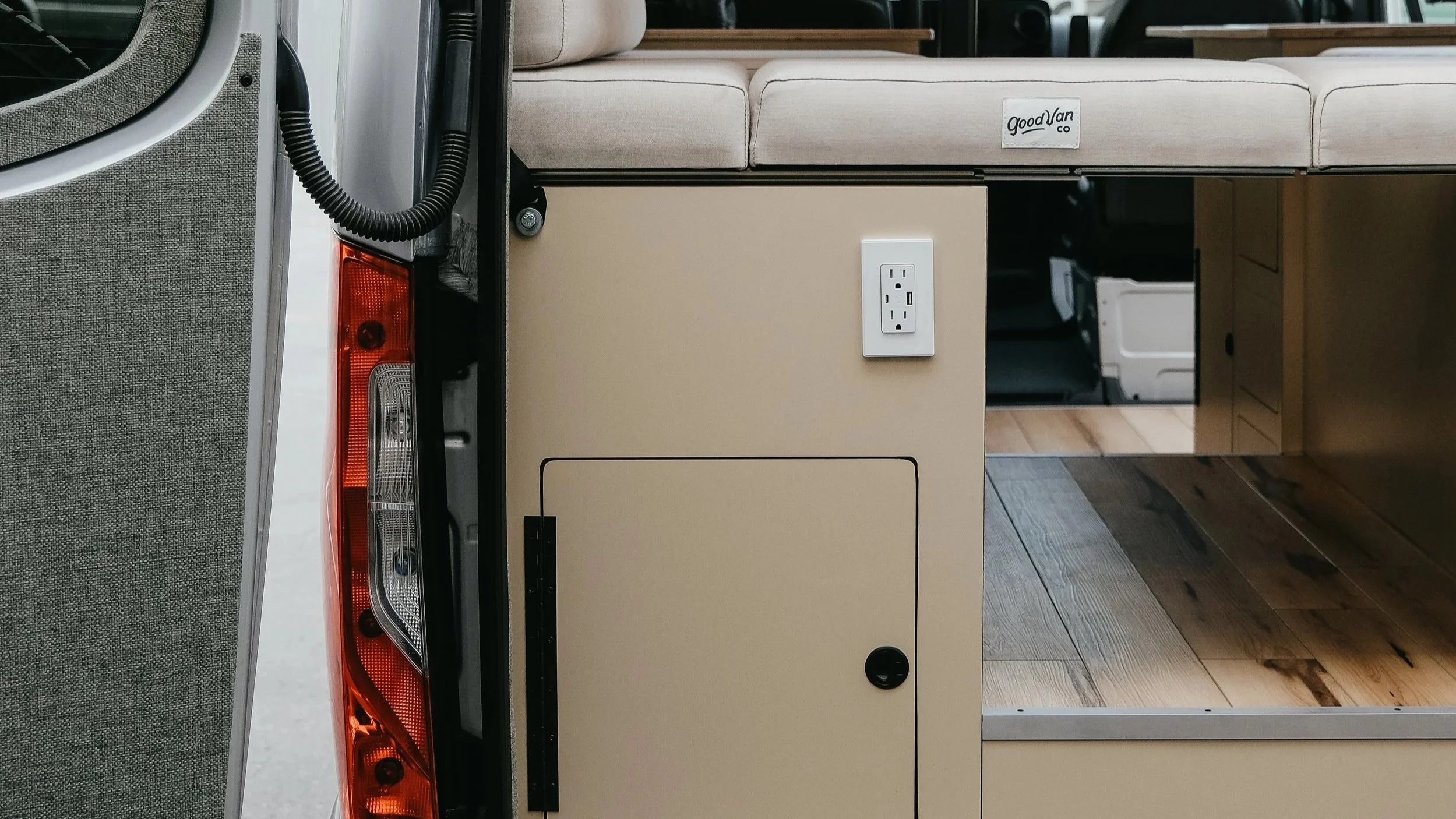 Outlet in sprinter van showcasing The Good Van's pre wire services