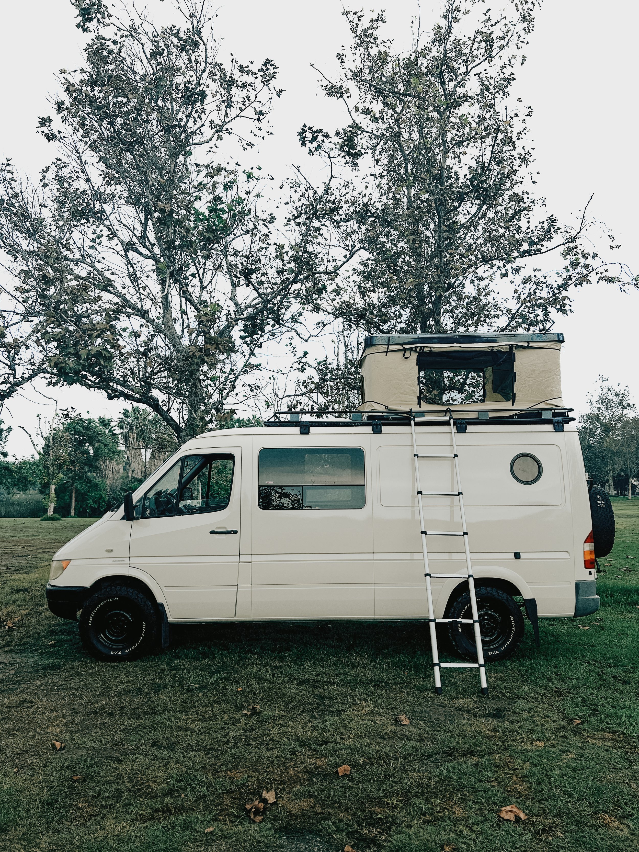 White camper van with roof top tent and side ladder