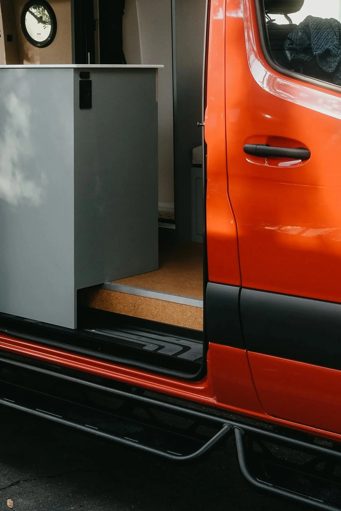 Sprinter van side steps installed by The Good Van Supply Co