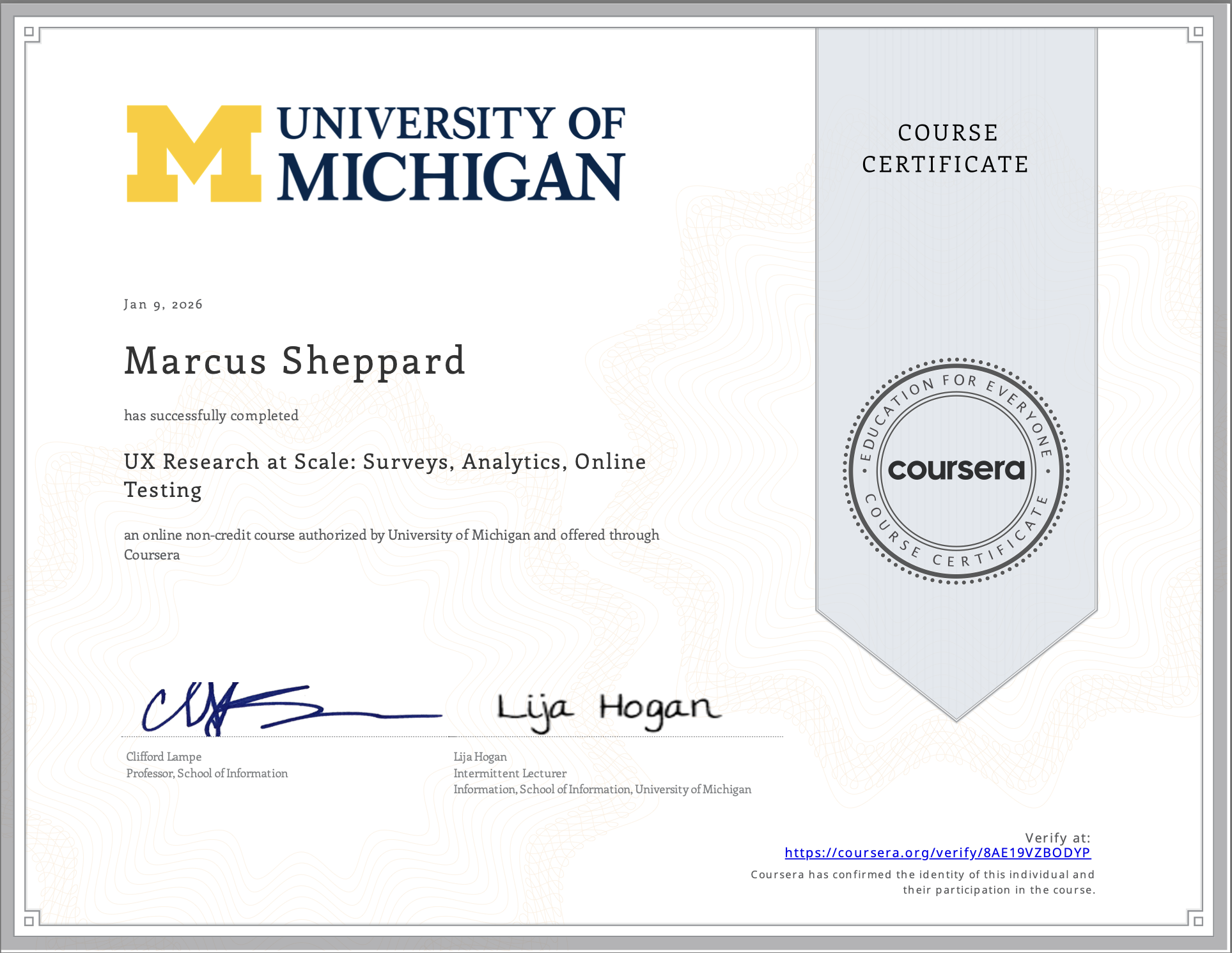 UX Research at Scale: Surveys, Analytics, Online Testing Certificate 