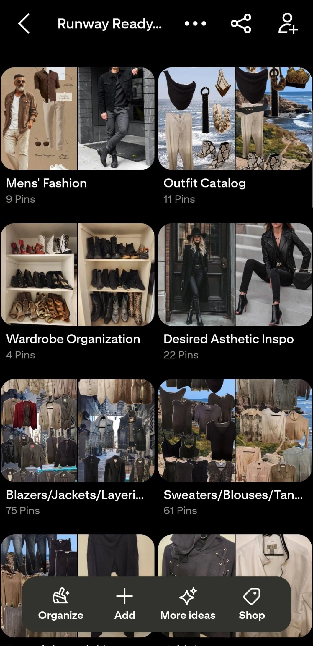 A collage of various clothing items including leather jackets, patterned boots, black pants, and a ruffled black dress, with a central grey box displaying text about a virtual closet example curated on Pinterest.