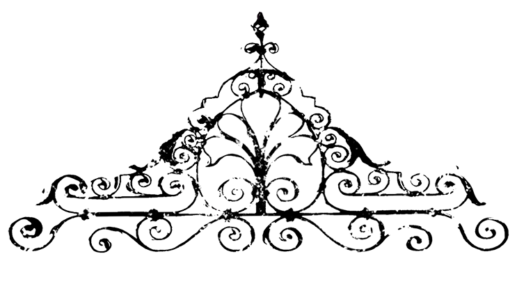 A decorative wrought iron fence with intricate scrollwork and a pointed finial at the top.  Unique Flash Tattoo - vintage antique contrast blackwork fine line architectural  Art Nouveau Baroque  bold illustrative style collage rococo contemporary NYC