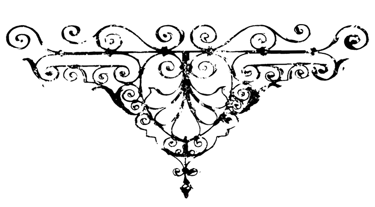 A decorative wrought iron fence with intricate scrollwork and a pointed finial at the top.  Unique Flash Tattoo - vintage antique contrast blackwork fine line architectural  Art Nouveau Baroque  bold illustrative style collage rococo contemporary NYC