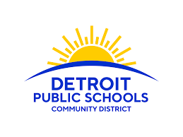 Detroit Public Schools community district logo featuring a yellow sun rising over a blue horizon.
