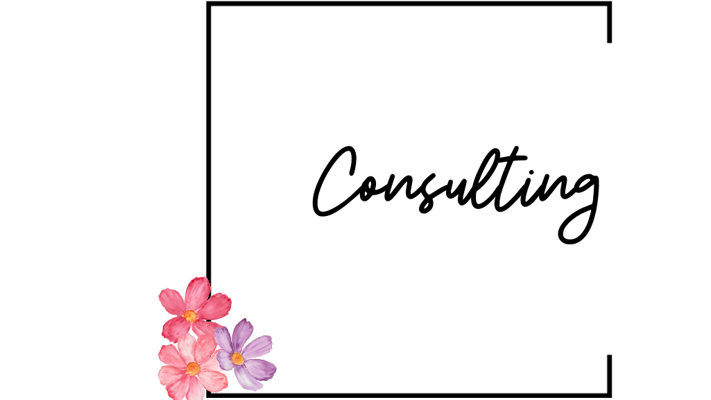 Petal and Cork Events branded graphic decorated with the word 'Consulting' written in black, surrounded by pink and purple flowers in the bottom left corner.