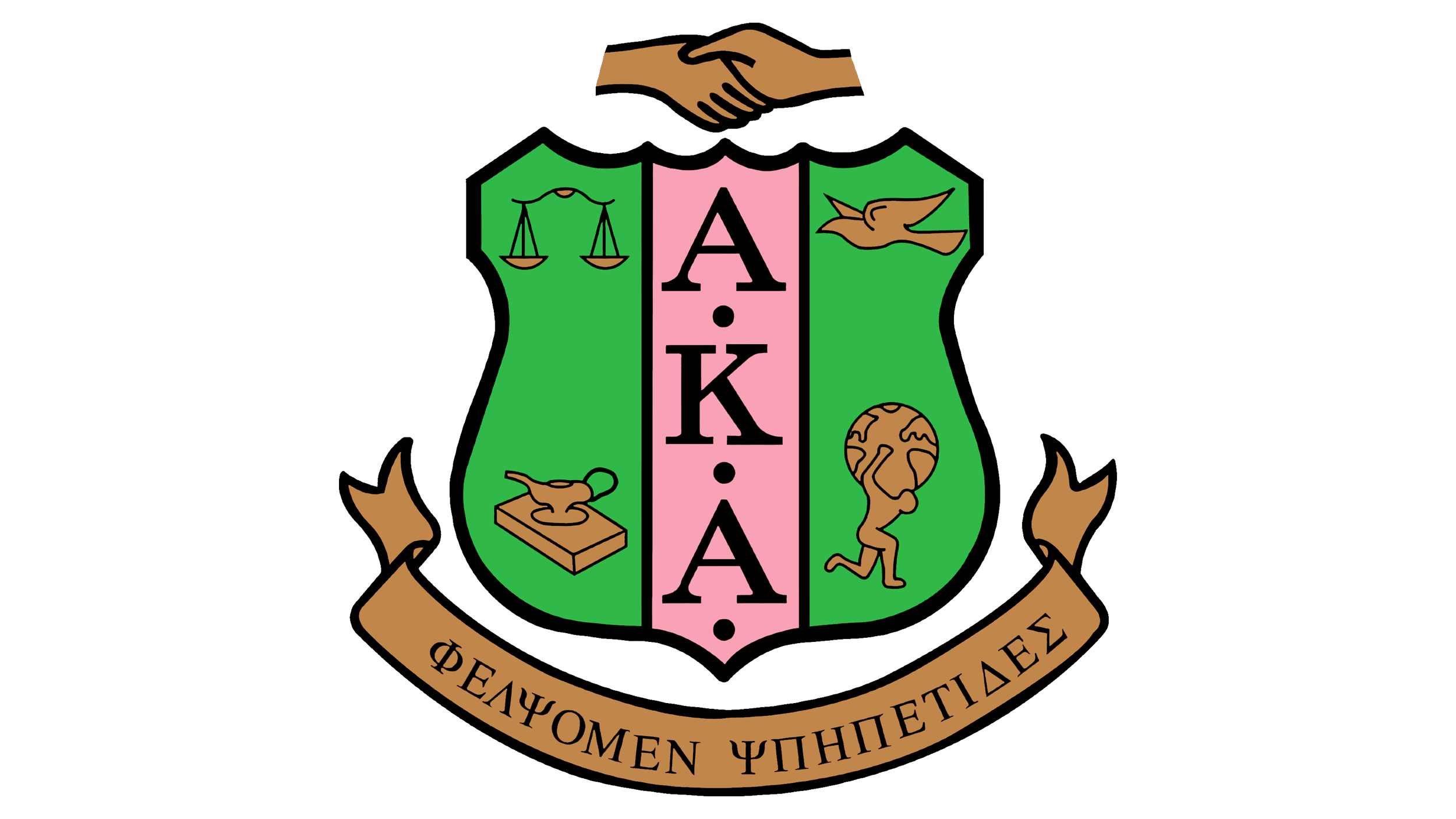 A crest featuring a green shield with symbols of justice, medicine, and science, topped by a handshake, and a banner with Greek letters and the Greek phrase Phi Mu Epsilon.